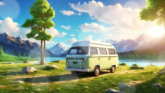 Mountain camper van. Cartoon or anime digital painting illustration style. seamless looping 4k video animation background.