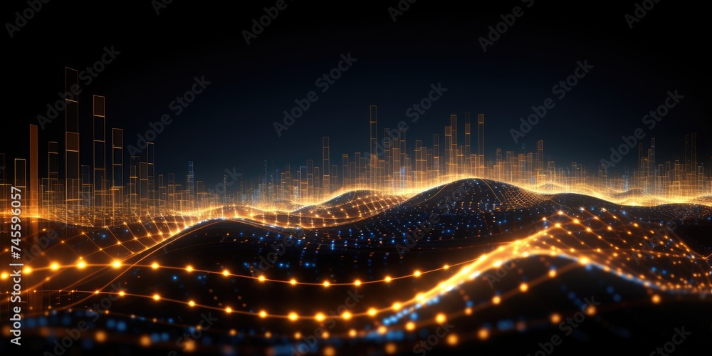 Poster an intricate illustration showcases a quantum computing system set against a cyber network grid, epi