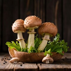 Mushroom on plate with parsley celery vegetable food concept fresh edible