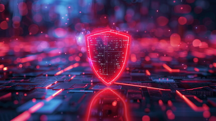A glowing red shield symbolizing cybersecurity hovers over a complex circuit board, representing protection against digital threats.