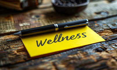 Yellow sticky note with the word Wellness on a rustic wooden table next to a black pen, evoking themes of health, self care, and personal wellbeing planning