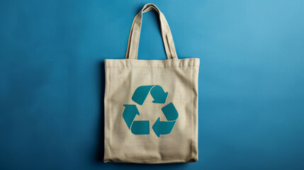 A sustainable beige tote bag featuring a prominent green recycle symbol, against a vibrant blue background, symbolizing environmentally friendly practices.