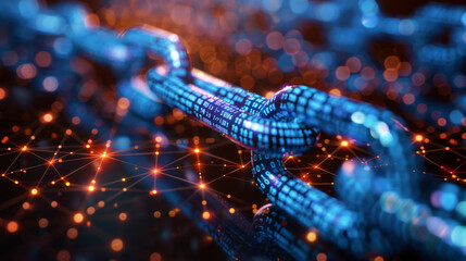 Abstract digital art depicting blockchain technology with illuminated nodes and data-encrypted links.