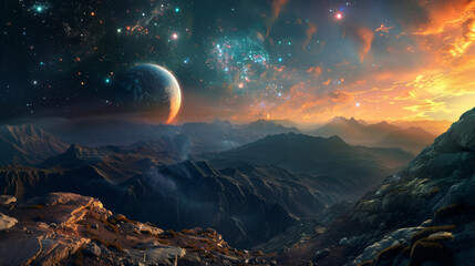 A breathtaking fantasy landscape depicting rugged mountains under a starlit sky, with a large, mysterious planet rising in the distance. - obrazy, fototapety, plakaty