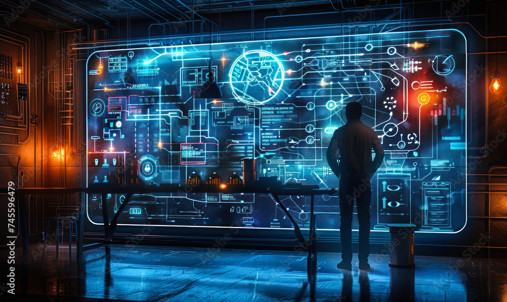 Poster futuristic concept room with holographic projection of technical blueprints and schematics across an