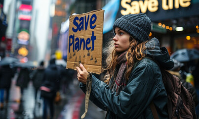 Activist holds up a Save the Planet sign during an environmental protest, expressing urgency and advocacy for earth conservation, in a focused call to action for climate change