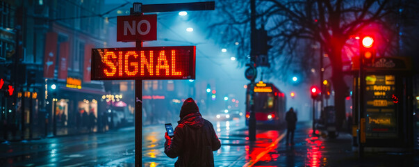 Person holding up a mobile phone displaying NO SIGNAL message on a city street at night, illustrating connectivity issues and urban communication challenges