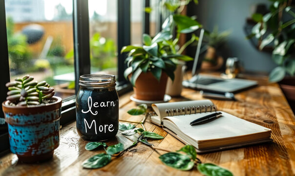 Inspirational Coffee Break: A Rustic Mug with Learn More Message Surrounded by Lush Houseplants, Notebook, and Almonds, Encouraging Continuous Learning and Growth