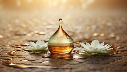 Zen Lotus in Golden Water Drop - Tranquil Spa Concept, Realistic Style; Ideal for Wellness Centers and Meditation Space Imagery