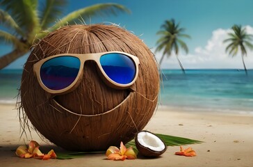 Cheerful Coconut on Tropical Beach: A Sunny Paradise of Relaxation and Vibrant Summer Fun, generative AI