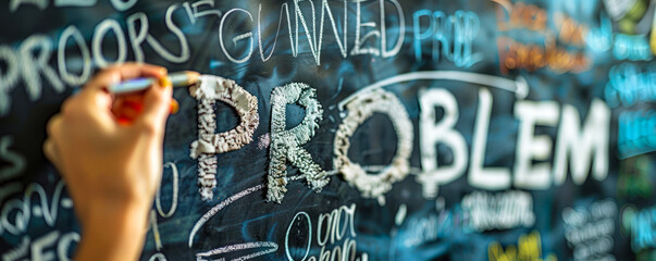 Hand erasing the word PROBLEM written in white chalk on a blackboard, symbolizing solution finding, overcoming challenges, and positive mindset - obrazy, fototapety, plakaty