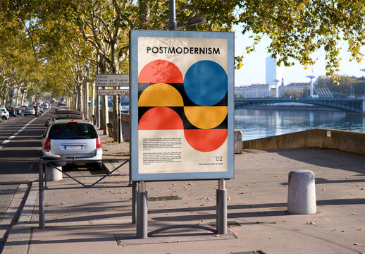 Mockup of customizable vertical sign by river