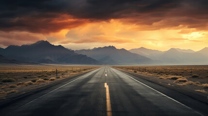 Fototapeta na wymiar Open Road Towards Mountains at Sunset