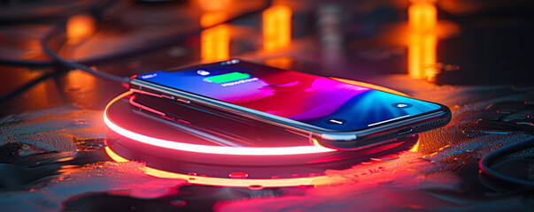 Futuristic smartphone with battery charging indicator on screen placed on wireless charging pad with glowing neon rings on a dark surface - obrazy, fototapety, plakaty