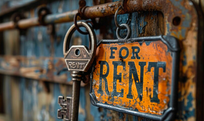 Vintage key with a FOR RENT sign hanging on a ring against a rustic wooden background, representing real estate rental, property market, and housing availability