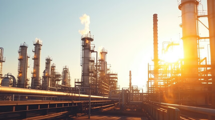 Sunset Over Industrial Oil Refinery Complex