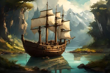 Fotobehang a beatifull, old ship, on an island , a serene view © Muhammad