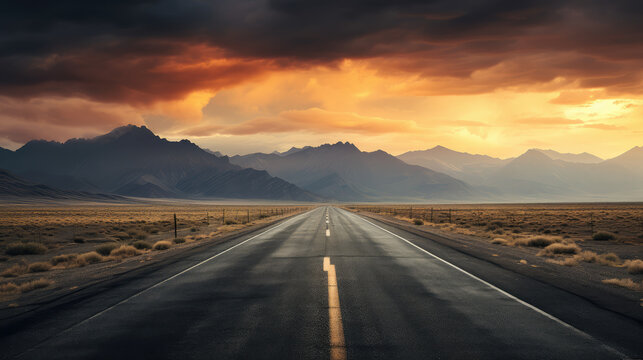Open Road Towards Mountains at Sunset