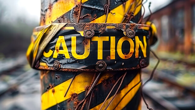 Weathered and worn caution tape wrapped around a rusty pole, signaling danger and the need for safety in a high risk or construction area
