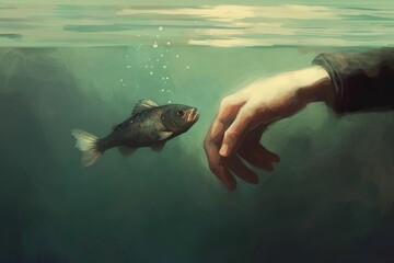 illustration of a human hand is Picking up a Fish from, Generative ai - obrazy, fototapety, plakaty