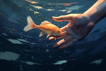 illustration of a human hand is Picking up a Fish from, Generative ai