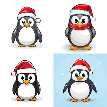 Penguin (Penguin Wearing Santa Hat). simple minimalist isolated in white background vector illustration