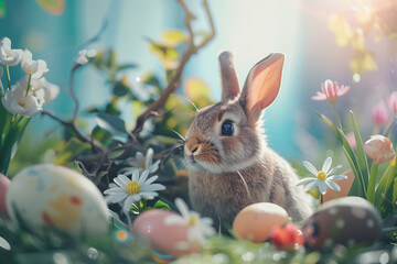 Fototapeta na wymiar Curious bunny peeks through an enchanting floral arrangement with Easter eggs in soft morning light.