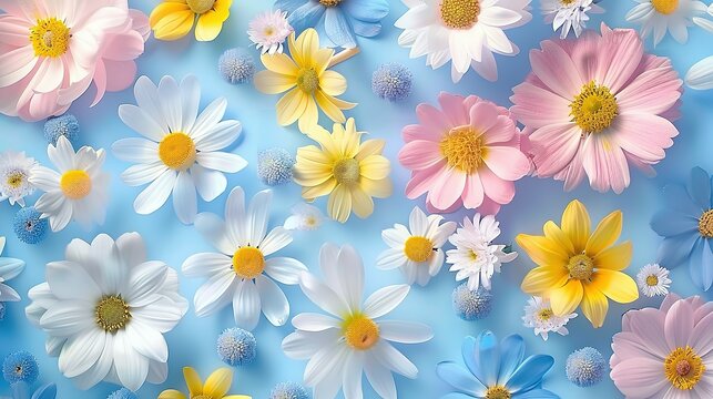 Spring flowers in pastel pink blue yellow and white seamless repeating pattern