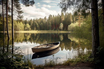 Tranquil Lake Scene with Moored Rowboat Among Trees