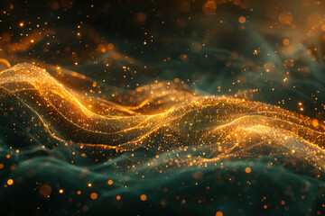 Abstract concept of a dynamic, glowing golden wave with particles on a dark teal background.