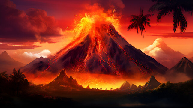 a Volcano erupting on a tropical island, in a horizontal format, in an Environmental-themed image