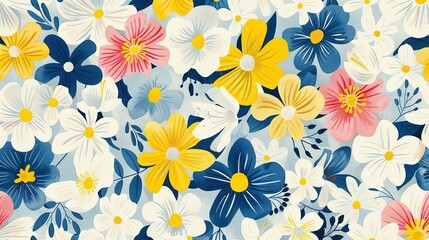 Obraz premium Spring flowers in pastel pink blue yellow and white seamless repeating pattern