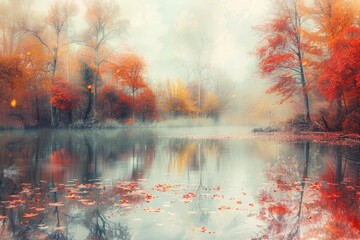 watercolor of A serene pond surrounded by autumnal trees with reflections of red orange and yellow leaves on the water a peaceful and colorful fall scene - obrazy, fototapety, plakaty