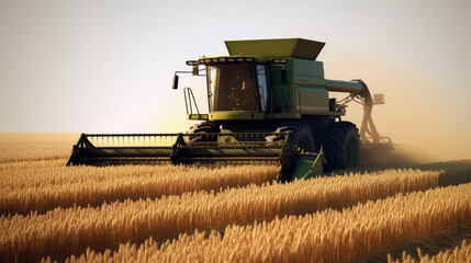 Combine Harvester Working Through Wheat at Sunset