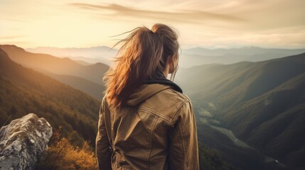 Adventurous Woman Gazing into Mountain Sunset