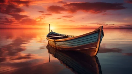 Selbstklebende Fototapeten A boat on the ocean at sunset, AI Generated AI Generative Wood boat ship on peace calm relaxung lake sea river water Nature outdoor fishing landscape Graphic Art Illustration  © Jaweria