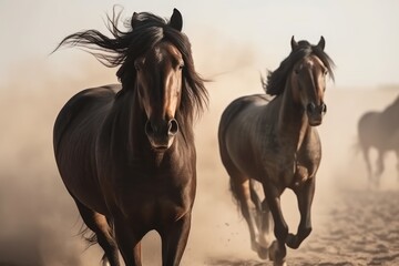 Wild Horses Running Free in Dusty Terrain