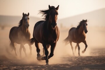 Majestic Horses Galloping in Dusty Sunset