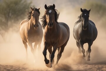 Majestic Horses Galloping in Dusty Wilderness