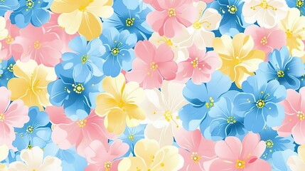 Fototapeta premium Spring flowers in pastel pink blue yellow and white seamless repeating pattern