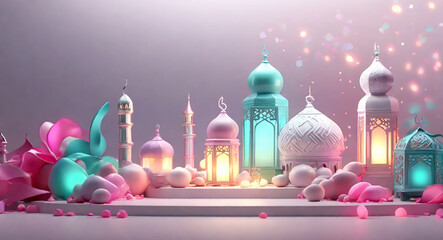 Islamic decoration with arabic lantern candle lamp soft light effects HD background