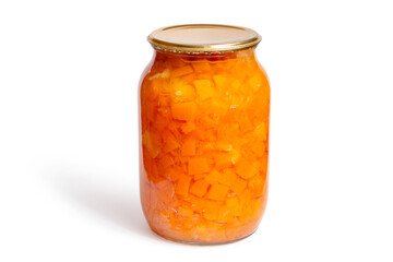 Jar of homemade jam on white background. Natural fruit jam in a glass jar. Pumpkin jam.