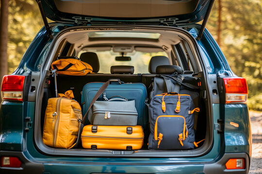 modern SUV car trunk open and full of suitcases and bags to return from summer holidays