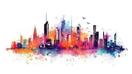 Vibrant Watercolor Skyline of a Modern City