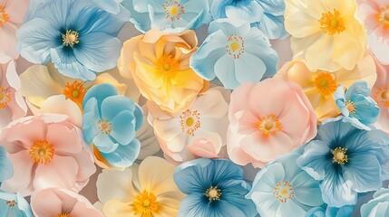 Spring flowers in pastel pink blue yellow and white seamless repeating pattern