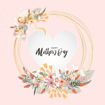 Mother's day greeting card,Beautiful blossom flowers frame on white heart paper cut on pink background,Vector illustration backdrop of cute blooming flora frame, Flat design of Beautiful botanical