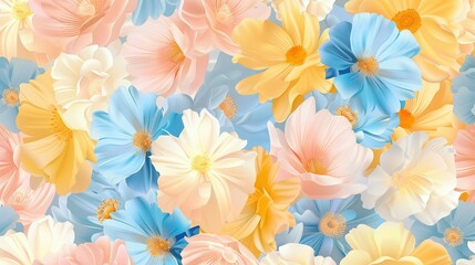 Fototapeta na wymiar Spring flowers in pastel pink blue yellow and white seamless repeating pattern