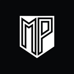 MP Letter Logo monogram shield geometric line inside shield design template