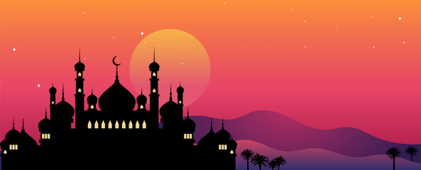 panoramic background with a beautiful mosque silhouette in the afternoon