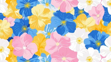 Spring flowers in pastel pink blue yellow and white seamless repeating pattern
